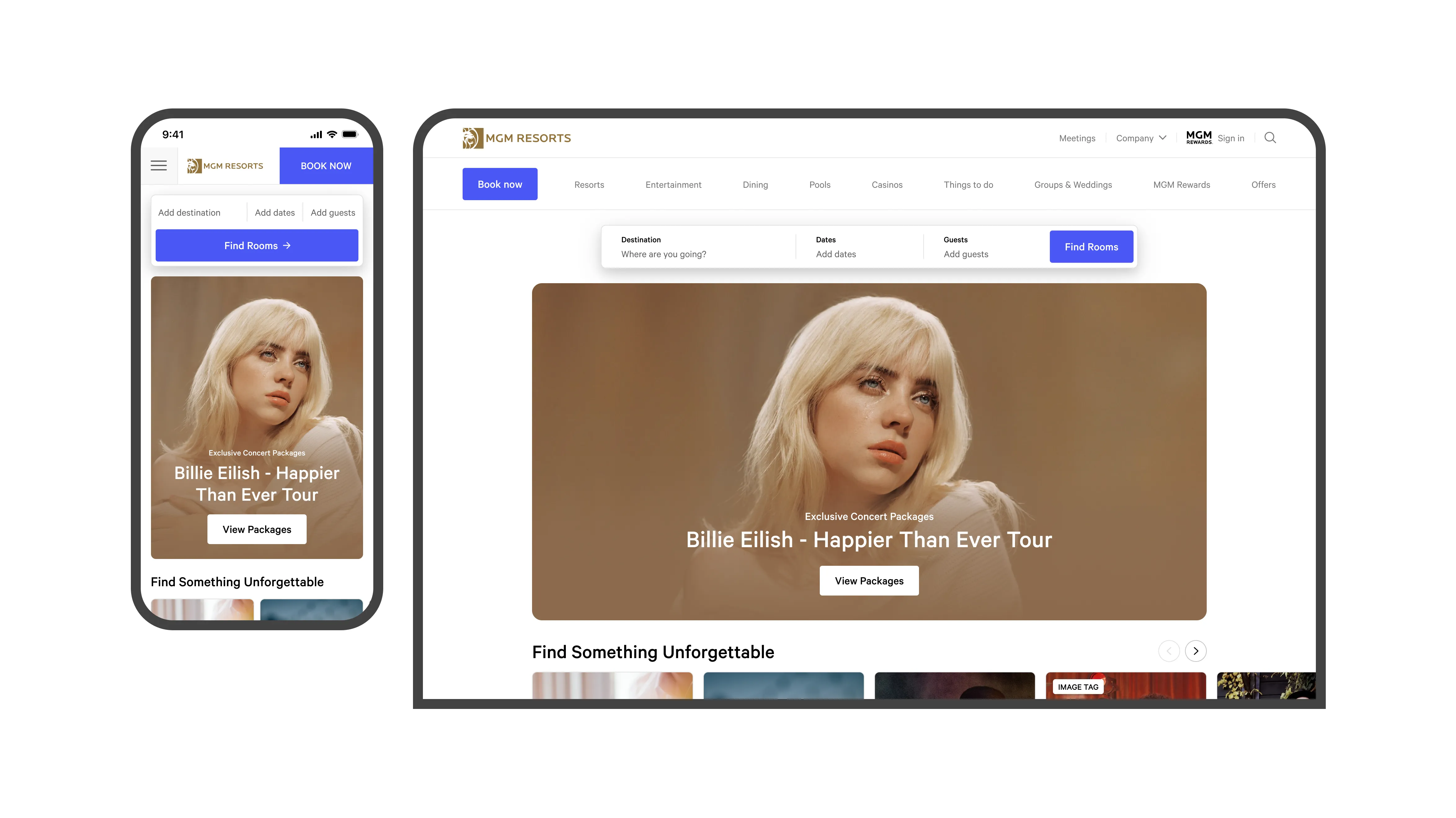 Final design delivery displaying the room booking module and hero promotional image on mobile web and desktop
