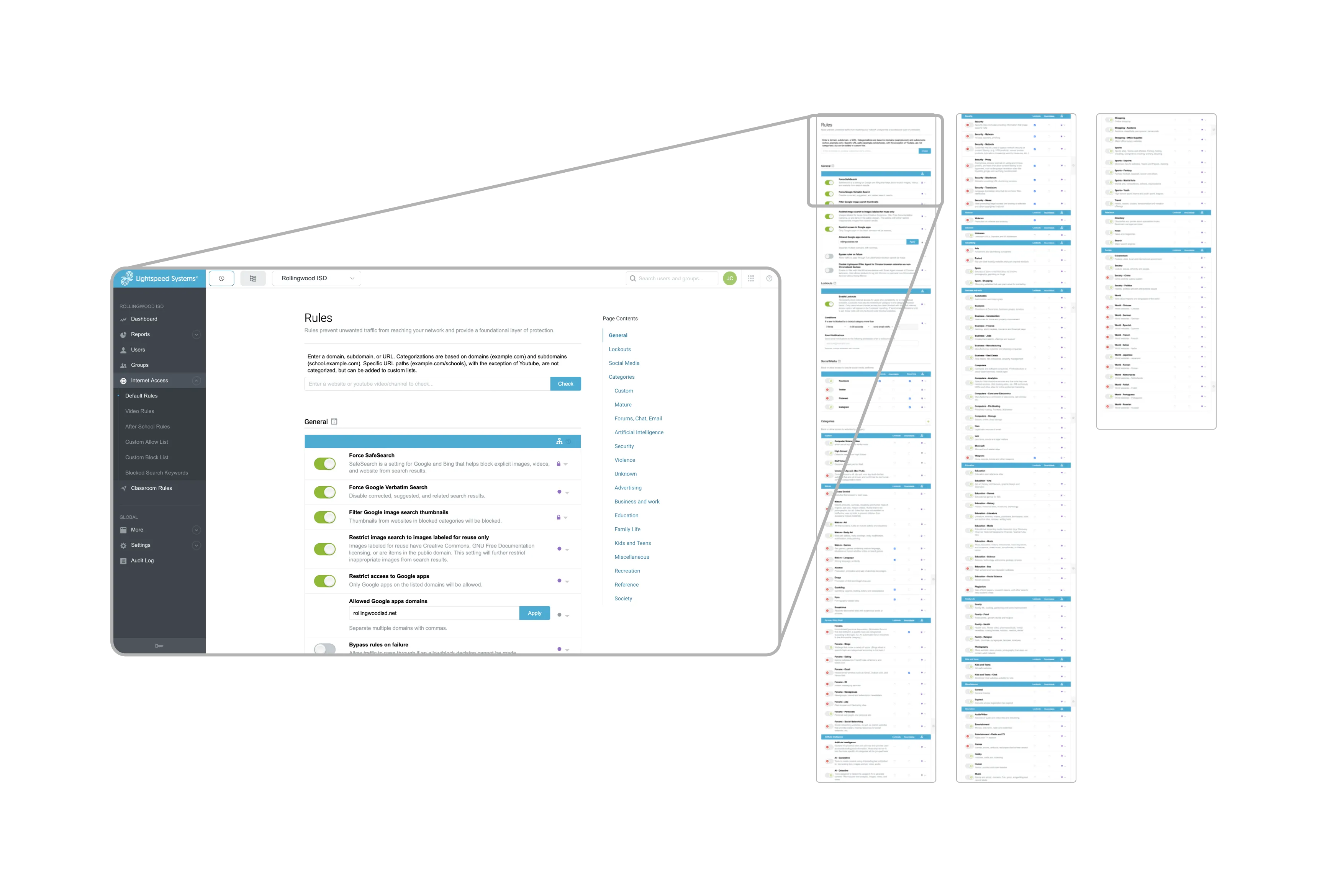 Old policy details: a long, disorganized list of web filter rules requiring extensive scrolling during setup and troubleshooting