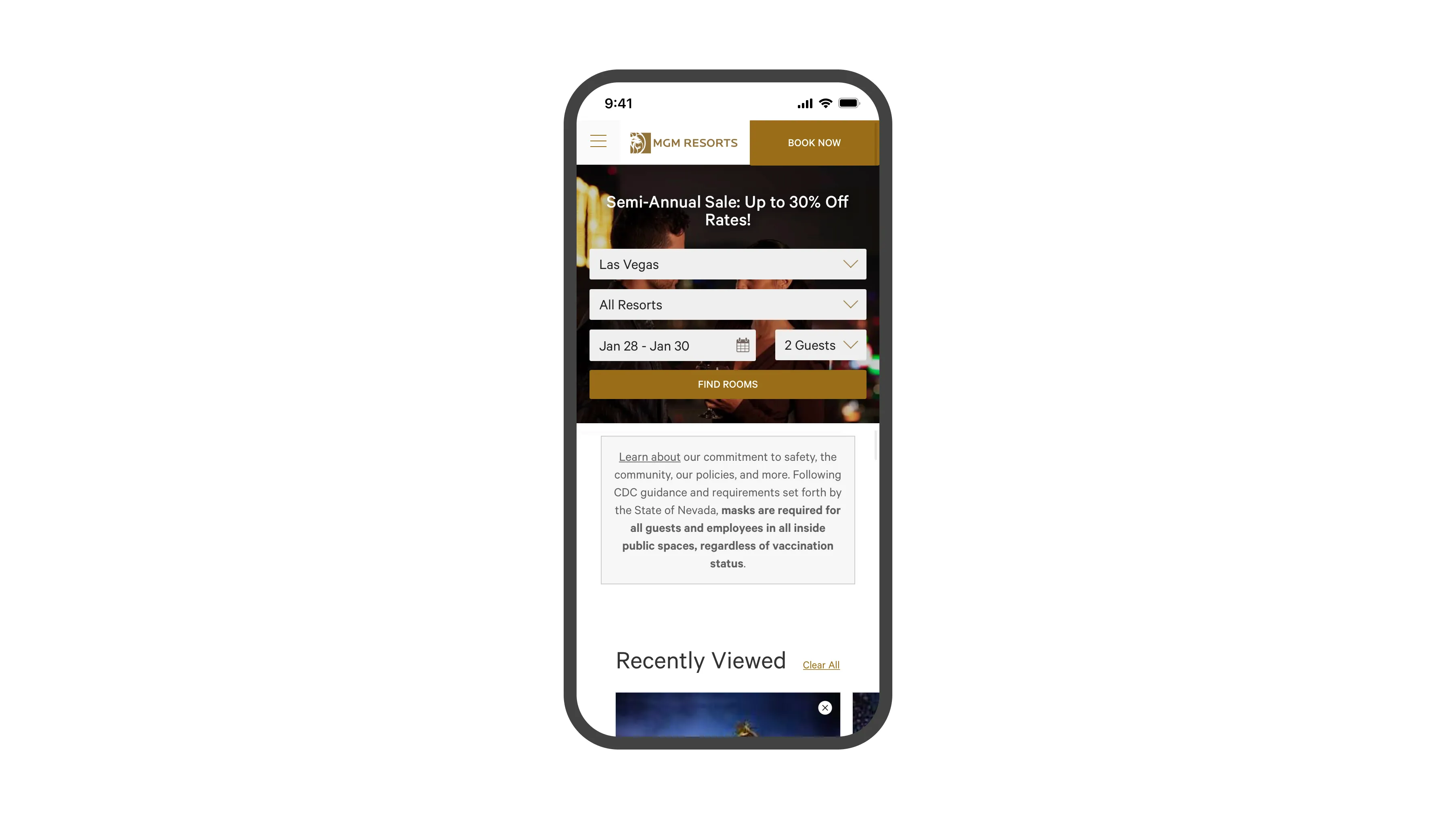 Old room booking module: dropdowns obscured the hero image and a preset region picker set solely to Vegas made the experience uninviting for regional customers