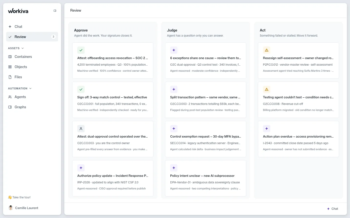 L5's Review page, organized into three columns - Approve, Judge, and Act - sorting agent-flagged exceptions by what kind of human judgment each one still needs