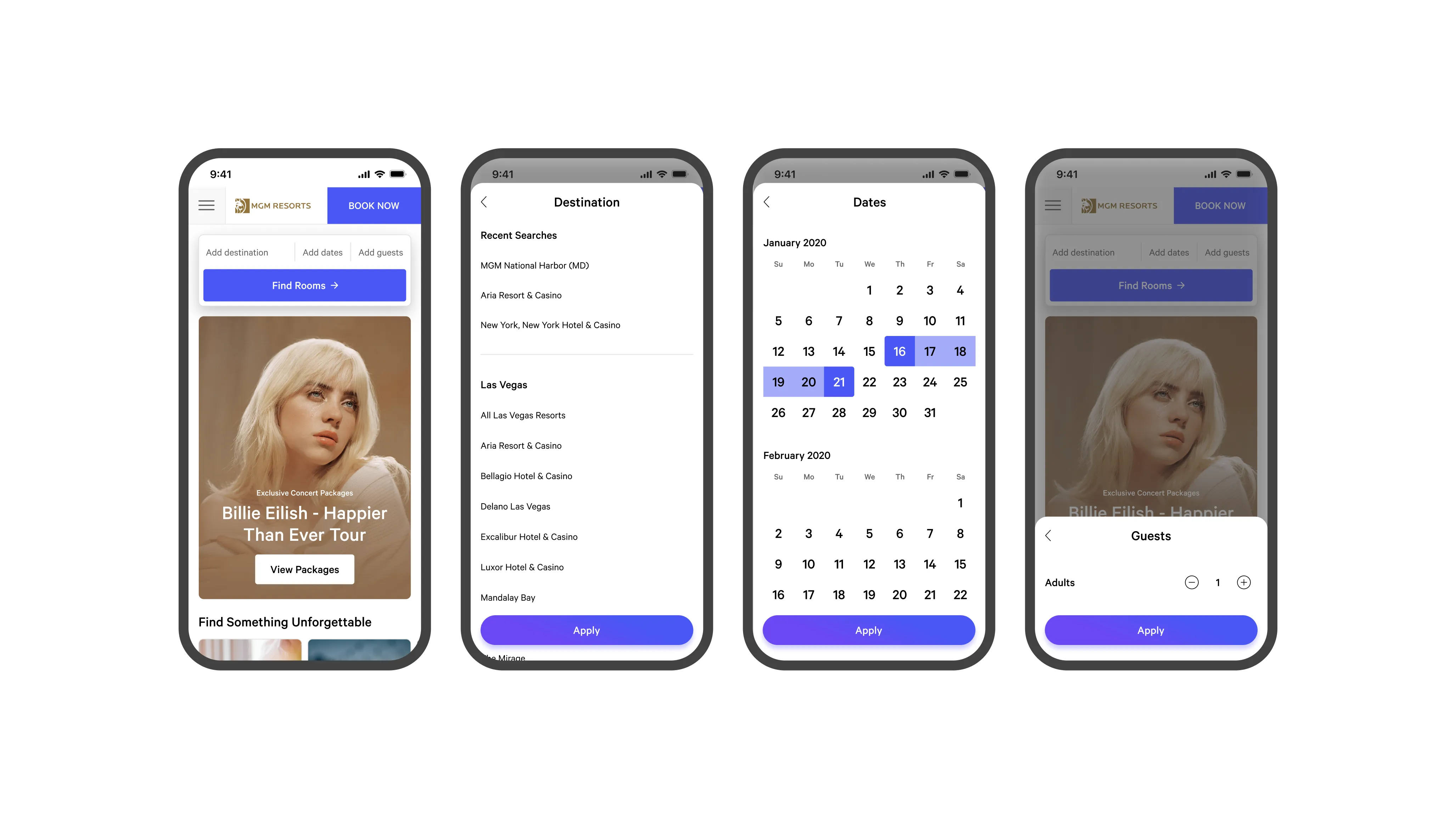 Screens of each of the related modules that appear on-click when interacting with the new room booking module