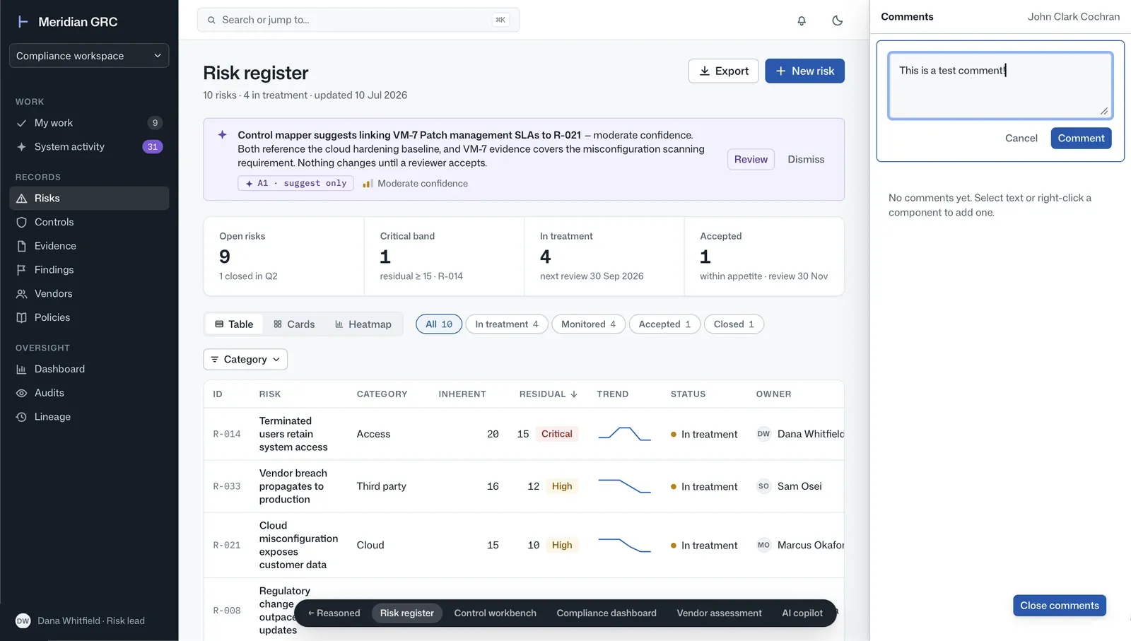 The review layer's comment panel open on a submitted prototype, ready to leave feedback