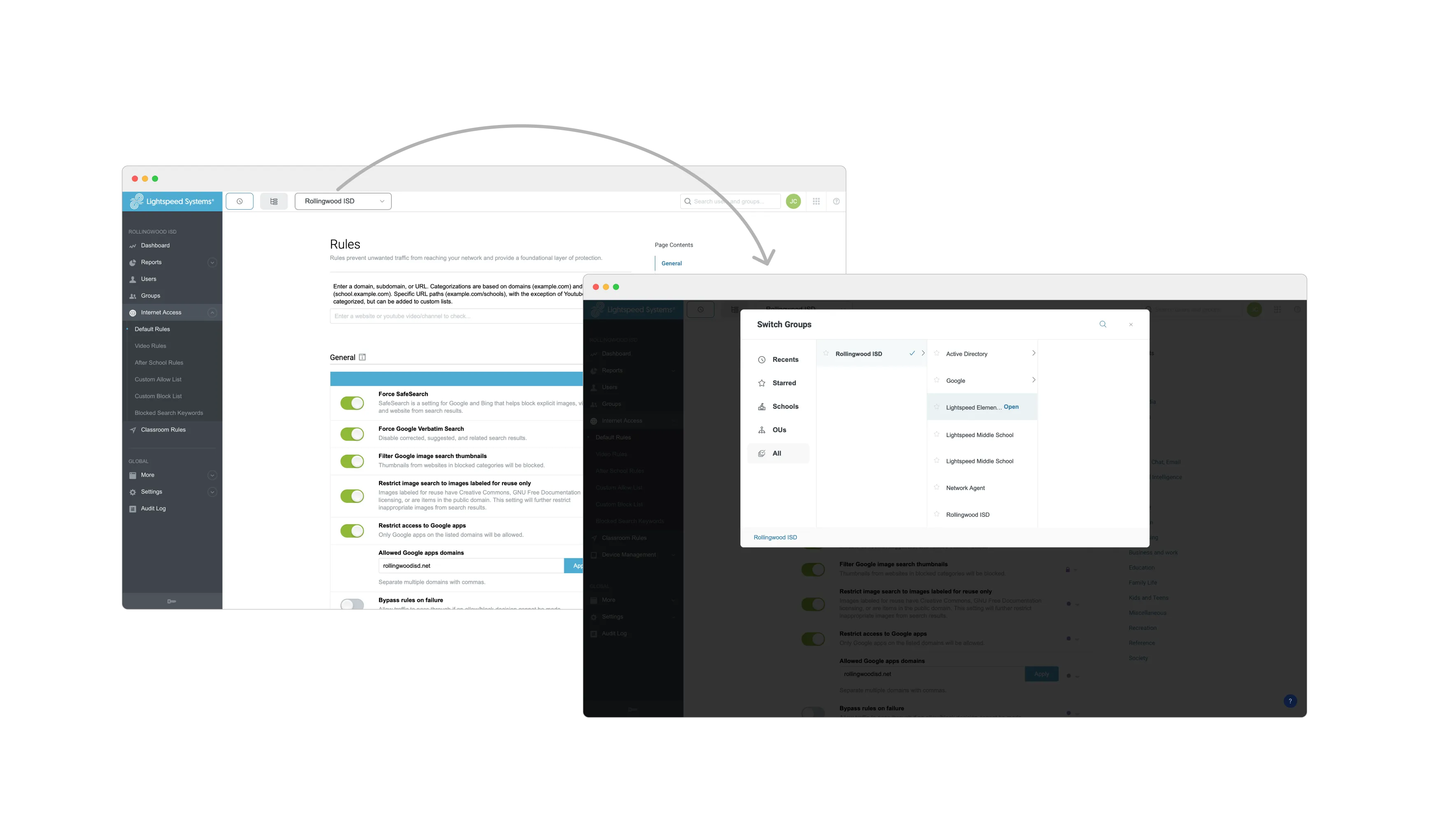Old policy-group relationship, requiring admins to switch between views to troubleshoot rules across users and groups
