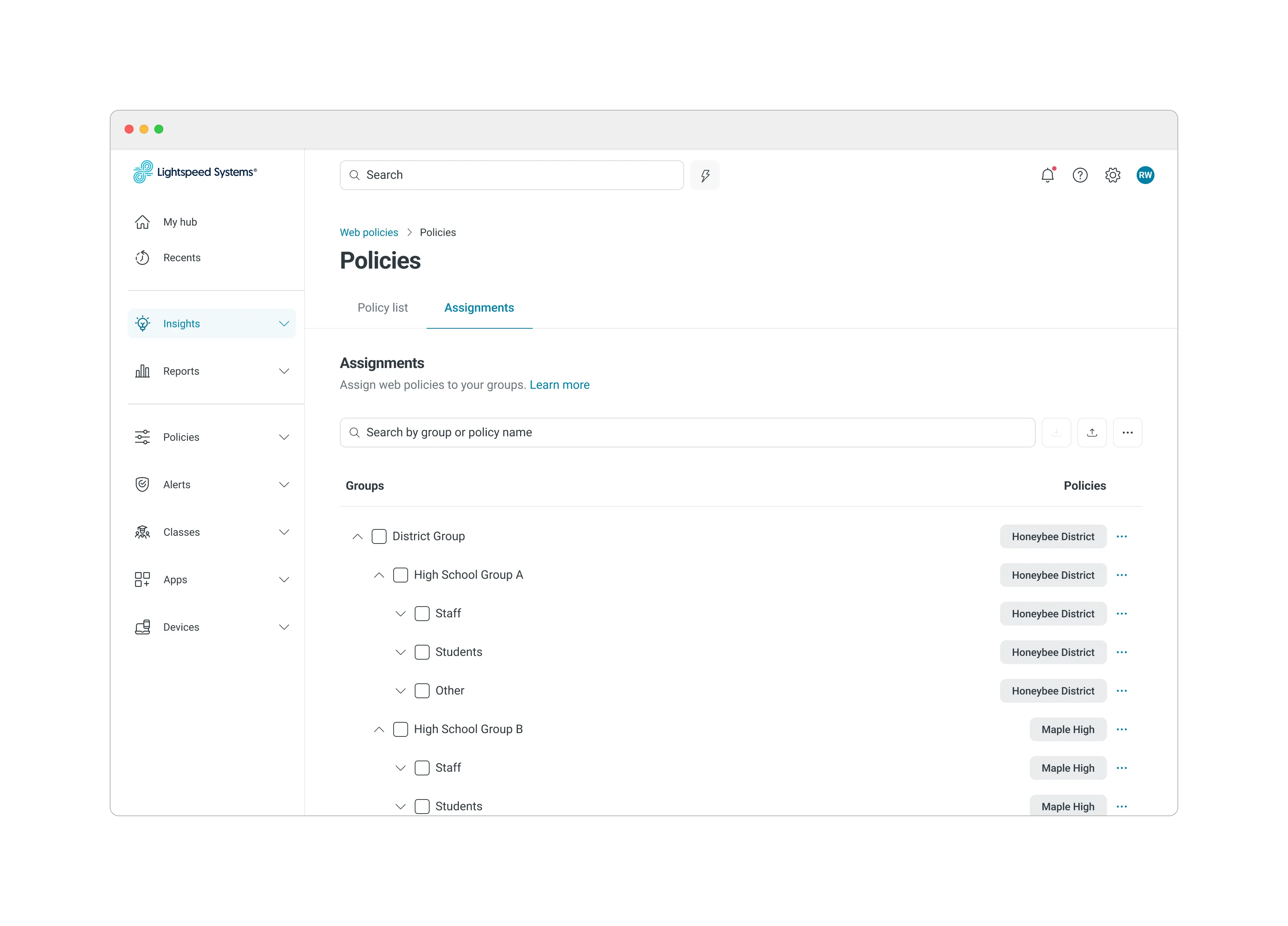 New policy management, showing a 1:1 policy-group relationship viewed and managed in one place