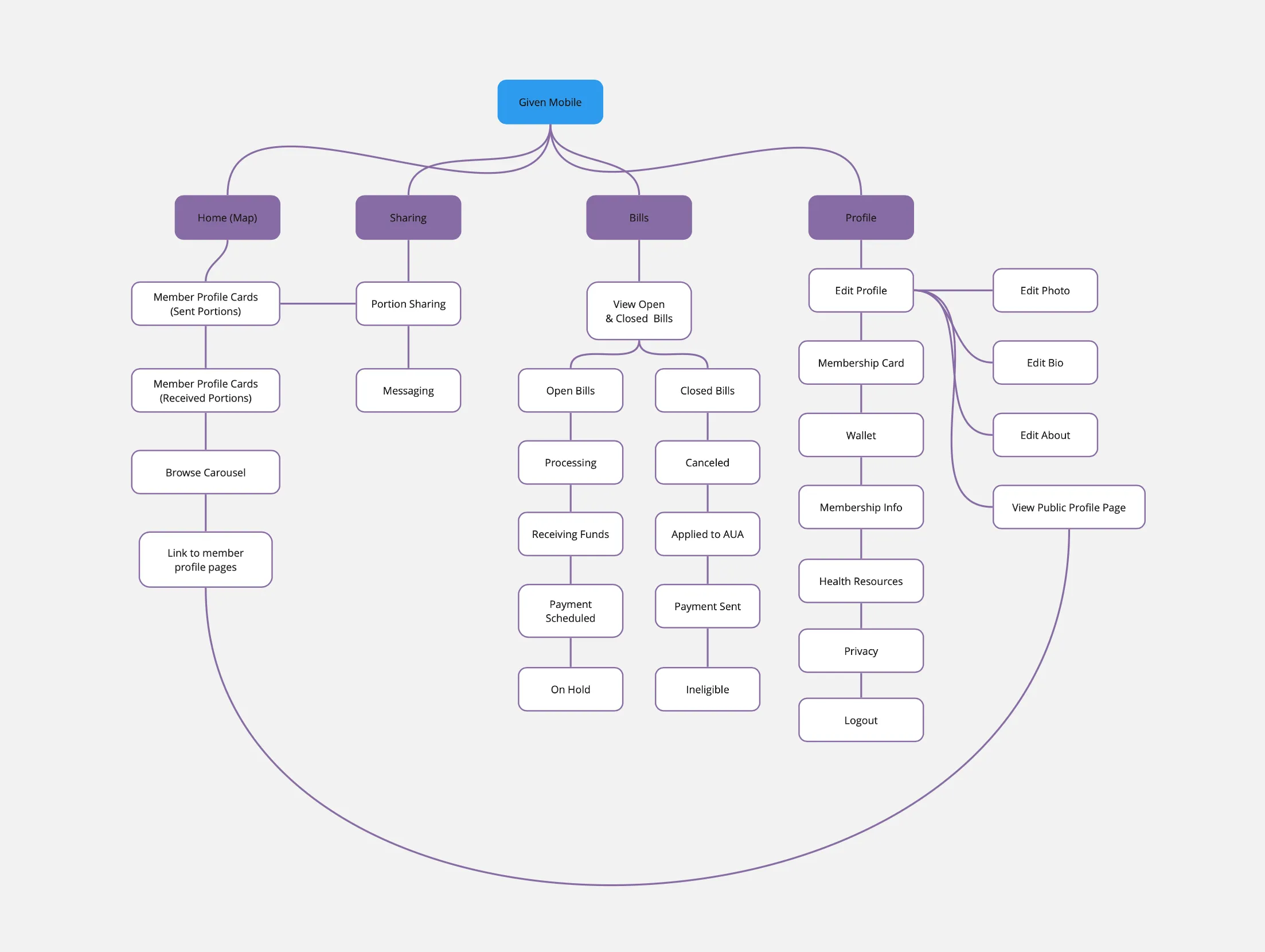 Early information architecture diagram connecting the sharing workflow with chat and map views