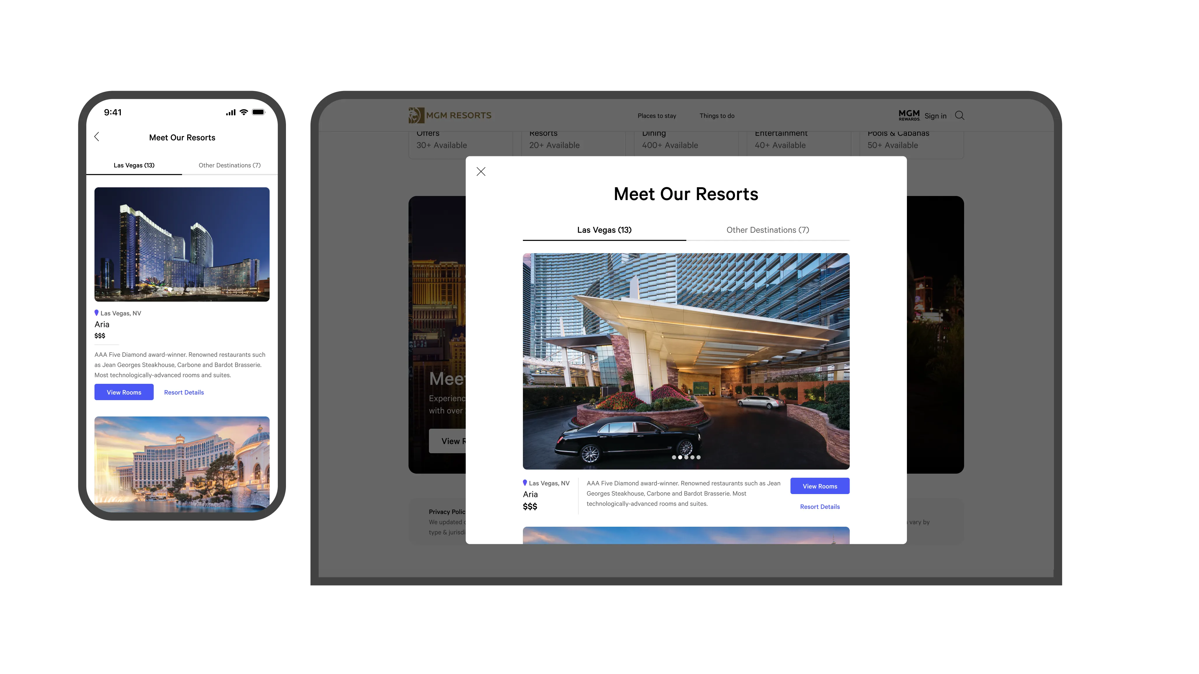 The "Meet Our Resorts" experience, visually showcasing each resort's architecture, rooms, and key amenities on mobile and desktop