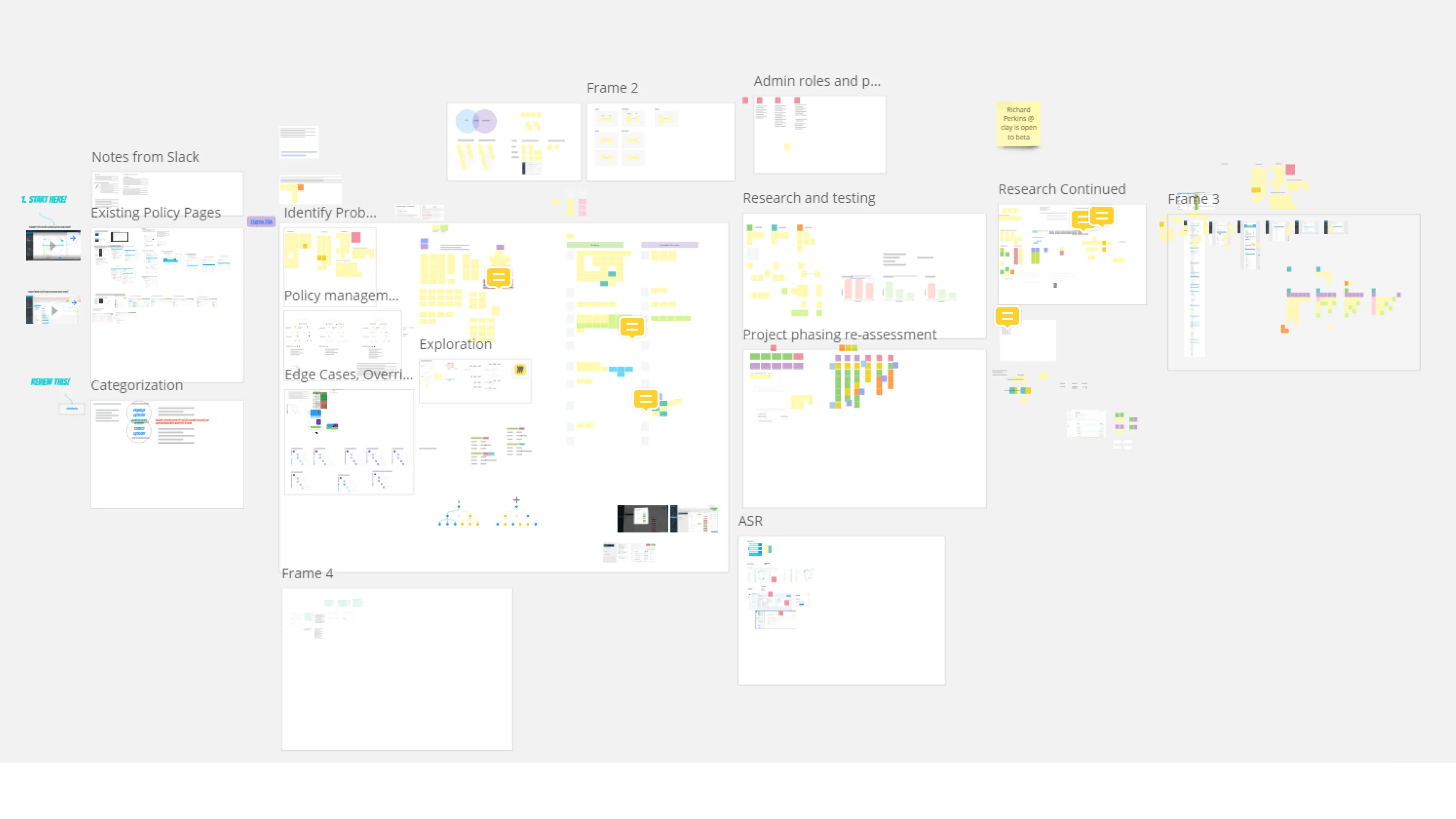 Miro board compiling design and technical requirements, client feedback, and a breakdown of different technical approaches to inherited policies