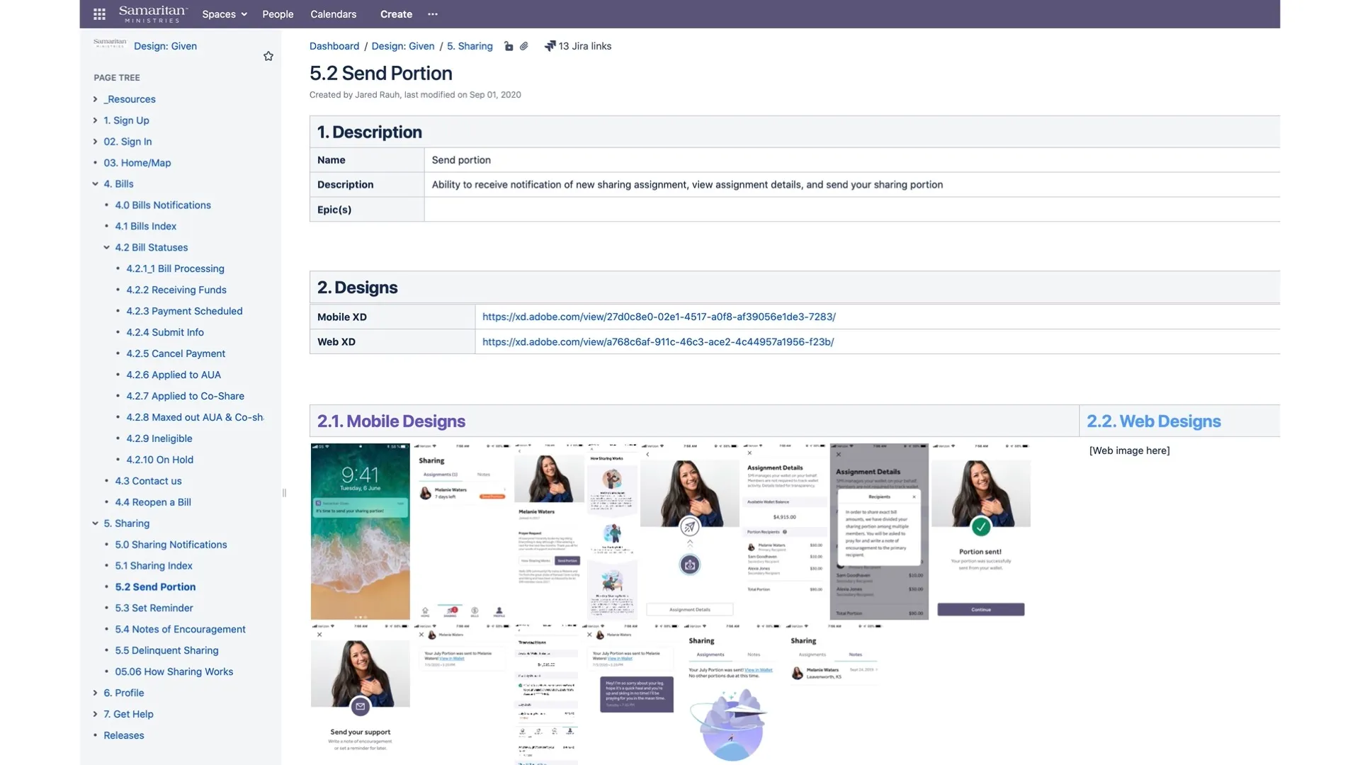 Parallel Confluence structure documenting mobile and web design work