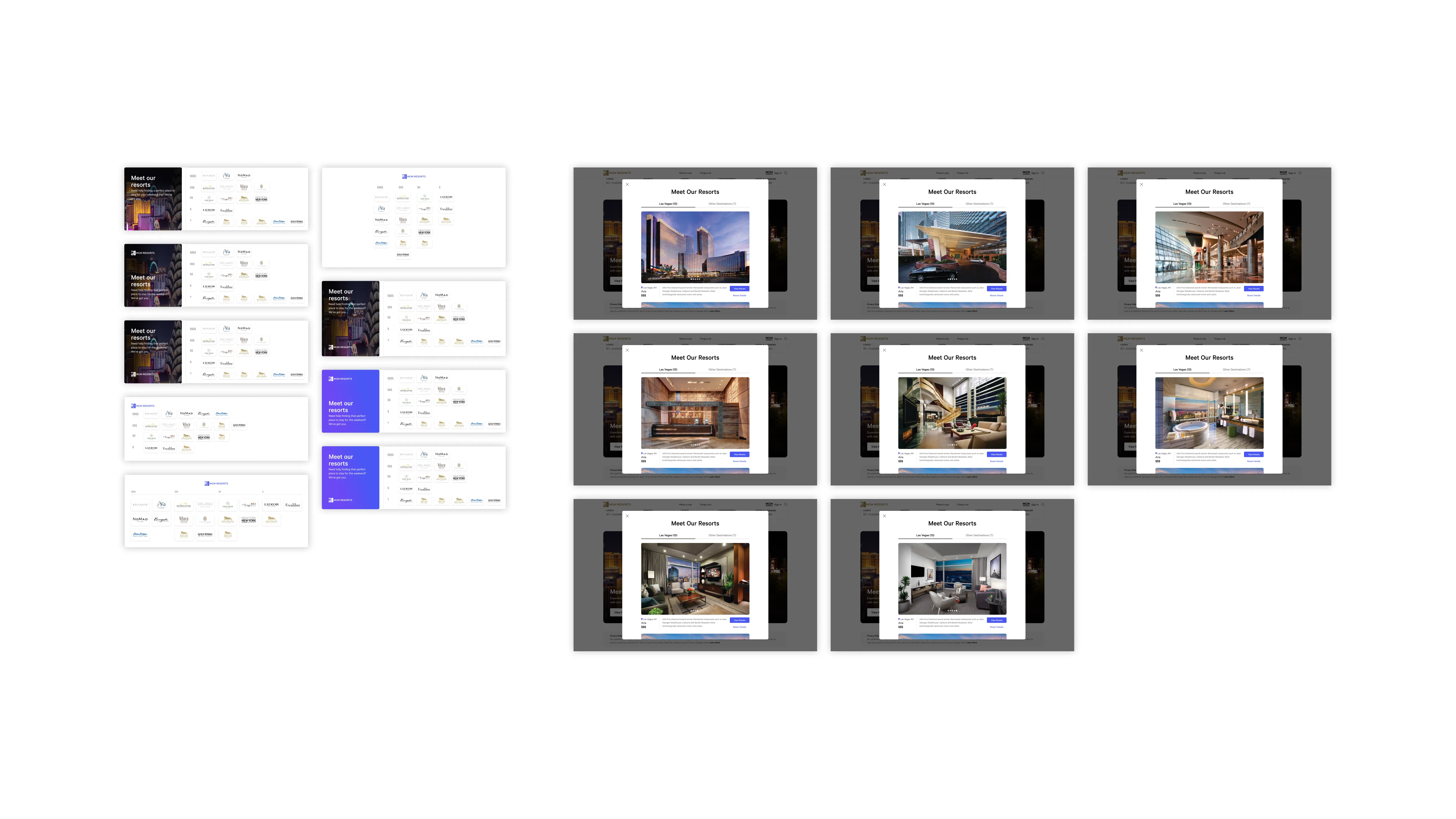Design explorations of the "Meet Our Resorts" modal, chosen to address guests' need for visual context