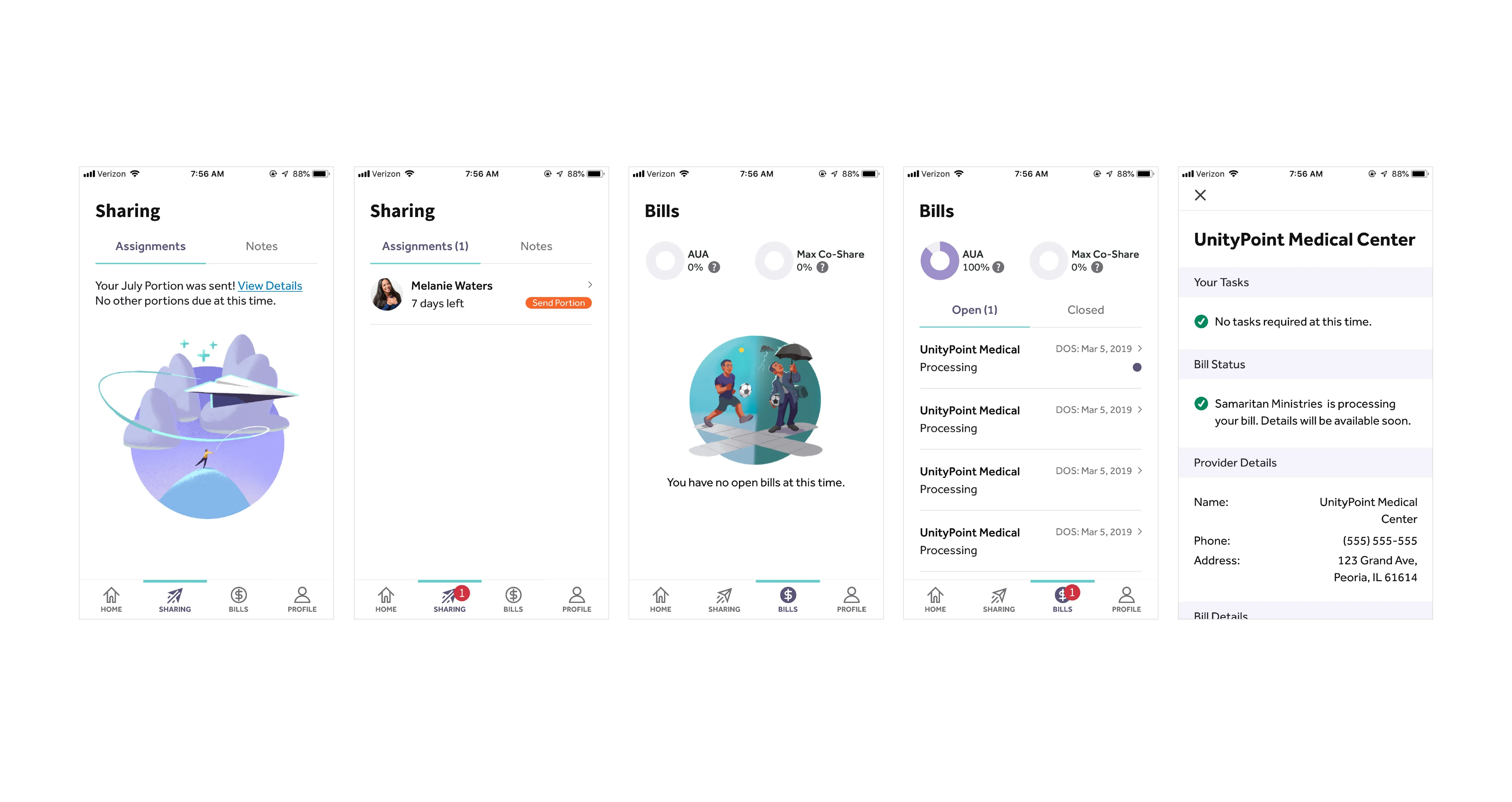 High-fidelity mobile screens from an early release, using illustrations from the client's creative department for empty states